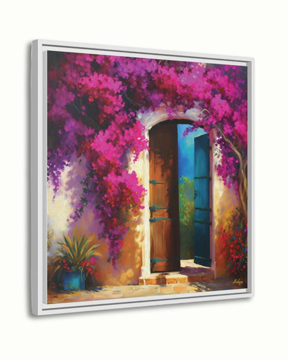 Colorful Door Wall Art, Colombian Home Canvas - Bougainvillea Floral Painting Print, Rustic Tropical Decor, Vibrant Latin American Print