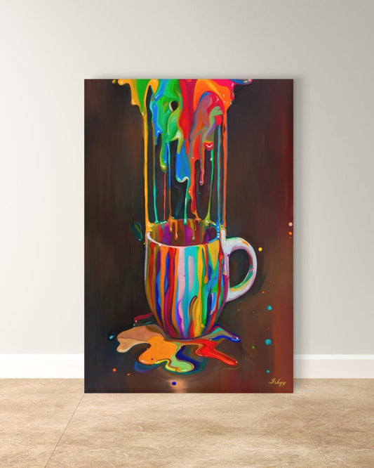 Rainbow Coffee Mug Wall Art, Color Drip Canvas Painting, Bold Kitchen Decor, Modern Colorful Art Print, Coffee Lover Gift, Cafe Wall Art.&nbsp;Color Cascade wall art featuring a rainbow paint-splashed coffee mug. A vibrant, surreal pop of color perfe