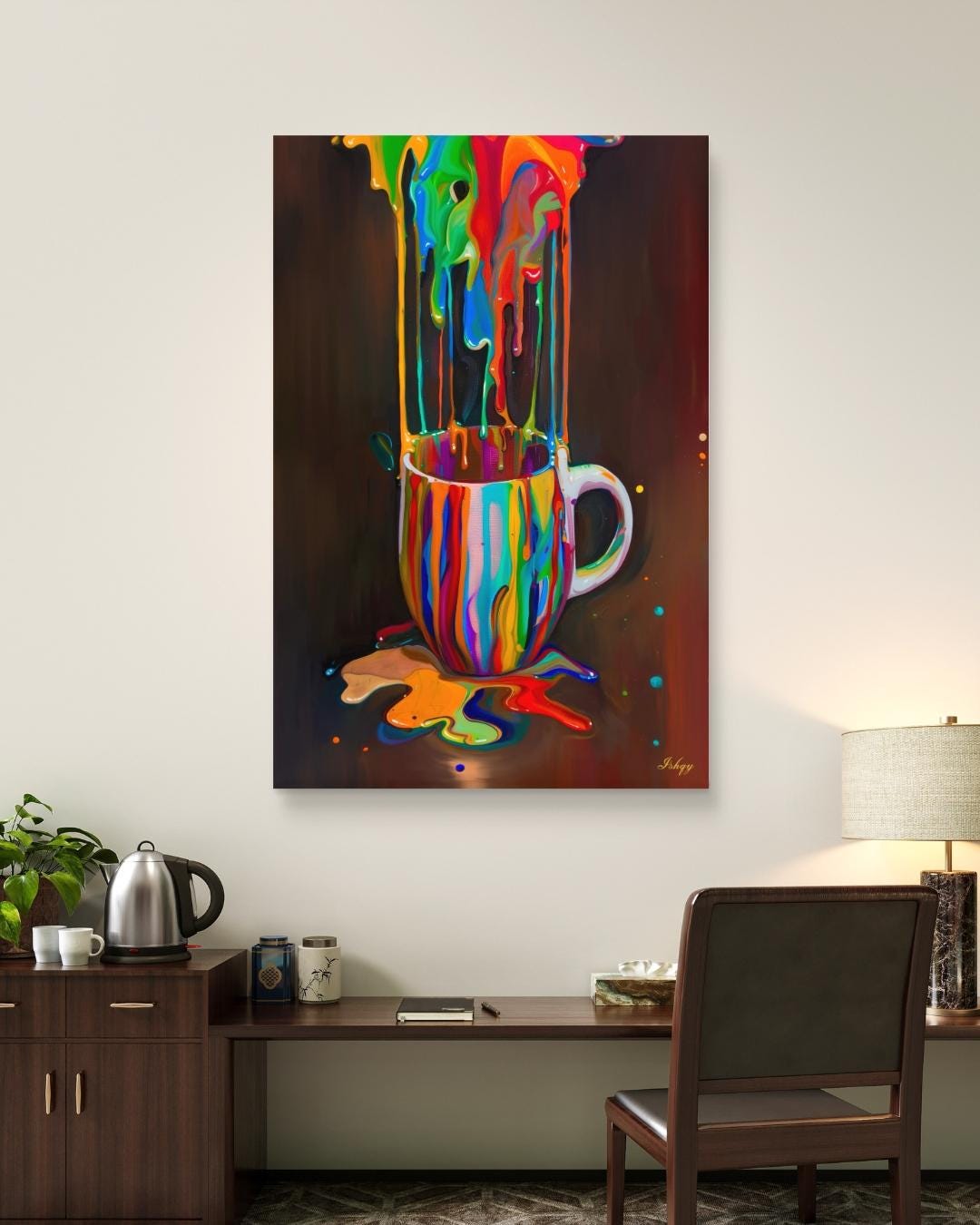 Rainbow Coffee Mug Wall Art, Color Drip Canvas Painting, Bold Kitchen Decor, Modern Colorful Art Print, Coffee Lover Gift, Cafe Wall Art.&nbsp;Color Cascade wall art featuring a rainbow paint-splashed coffee mug. A vibrant, surreal pop of color perfe