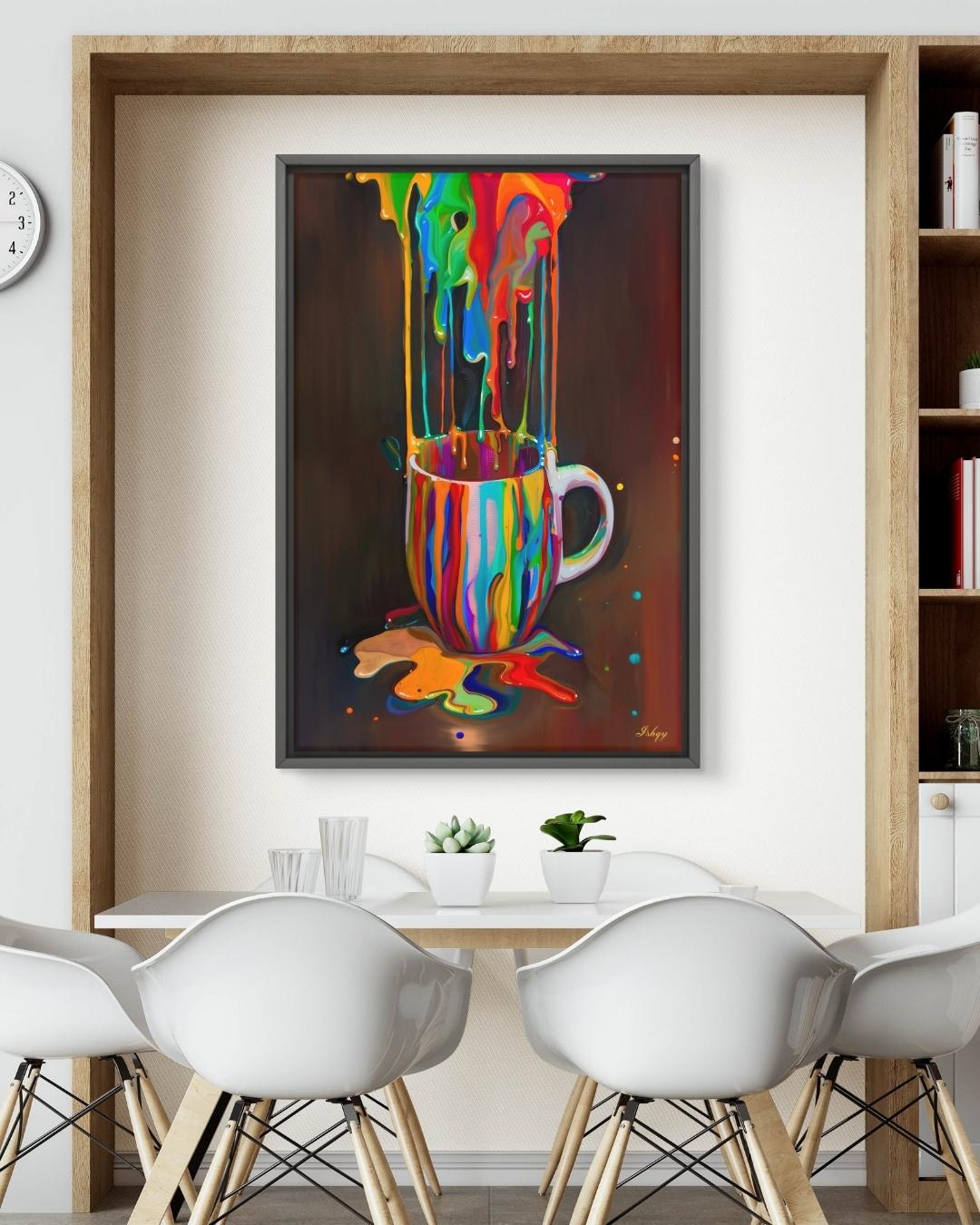 Rainbow Coffee Mug Wall Art, Color Drip Canvas Painting, Bold Kitchen Decor, Modern Colorful Art Print, Coffee Lover Gift, Cafe Wall Art.&nbsp;Color Cascade wall art featuring a rainbow paint-splashed coffee mug. A vibrant, surreal pop of color perfe