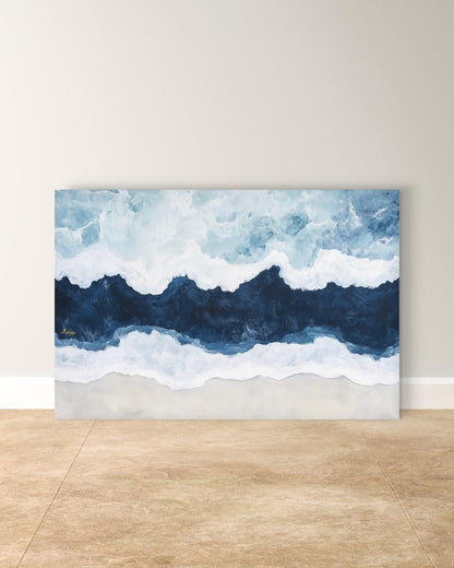 Ocean Wave Wall Art Print, Abstract Coastal Canvas Painting, Blue Sea Horizontal Art, Beach House Decor, Nautical Wall Art for Bedroom.&nbsp;Saltwater seascape wall art in blue and white tones. A modern abstract ocean canvas for coastal homes and bea