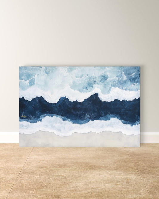 Ocean Wave Wall Art Print, Abstract Coastal Canvas Painting, Blue Sea Horizontal Art, Beach House Decor, Nautical Wall Art for Bedroom.&nbsp;Saltwater seascape wall art in blue and white tones. A modern abstract ocean canvas for coastal homes and bea