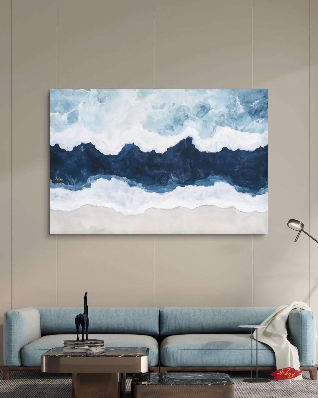 Ocean Wave Wall Art Print, Abstract Coastal Canvas Painting, Blue Sea Horizontal Art, Beach House Decor, Nautical Wall Art for Bedroom.&nbsp;Saltwater seascape wall art in blue and white tones. A modern abstract ocean canvas for coastal homes and bea