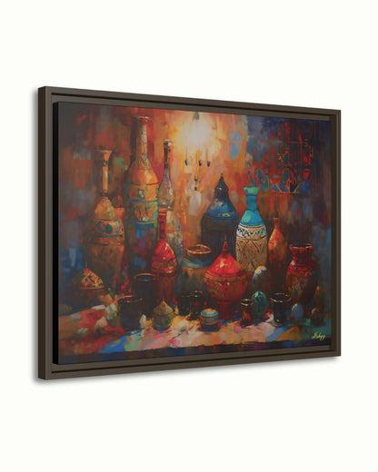 Moroccan Pottery Wall Art, Colorful Tagine Canvas Print, Boho Kitchen Wall Decor, Vibrant Moroccan Vases Painting for Cultural Home Style.&nbsp;Colorful Moroccan pottery in warm souk light. A bold Marrakech-inspired canvas print perfect for kitchen,
