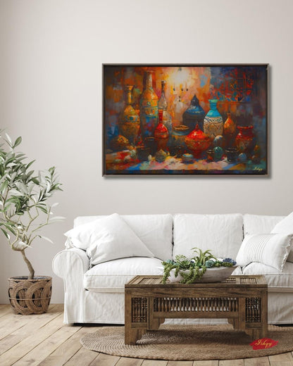 Moroccan Pottery Wall Art, Colorful Tagine Canvas Print, Boho Kitchen Wall Decor, Vibrant Moroccan Vases Painting for Cultural Home Style.&nbsp;Colorful Moroccan pottery in warm souk light. A bold Marrakech-inspired canvas print perfect for kitchen,