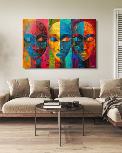 Maasai Mask Wall Art, Colorful African Mask Canvas Print, Tribal Face Painting, Boho Cultural Decor, Bold Afrocentric Wall Artwork