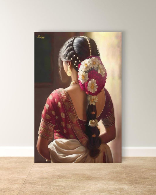South Indian Bride Art Print, Indian Woman Canvas Wall Art, Bridal Saree Painting, Tamil Cultural Decor, Framed Poster, Wedding Gift