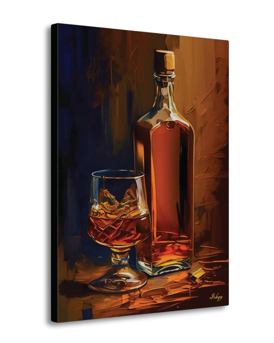 Whiskey Bottle Painting Print on Canvas & Framed Canvas Bar Wall Art, Bourbon Scotch Liquor Home Bar Decor, Whiskey on the Rocks Art Print