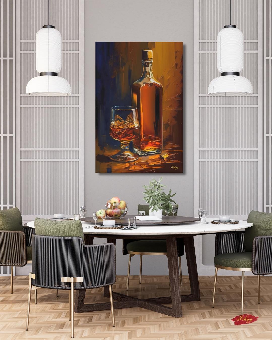 Whiskey Bottle Painting Print on Canvas & Framed Canvas Bar Wall Art, Bourbon Scotch Liquor Home Bar Decor, Whiskey on the Rocks Art Print
