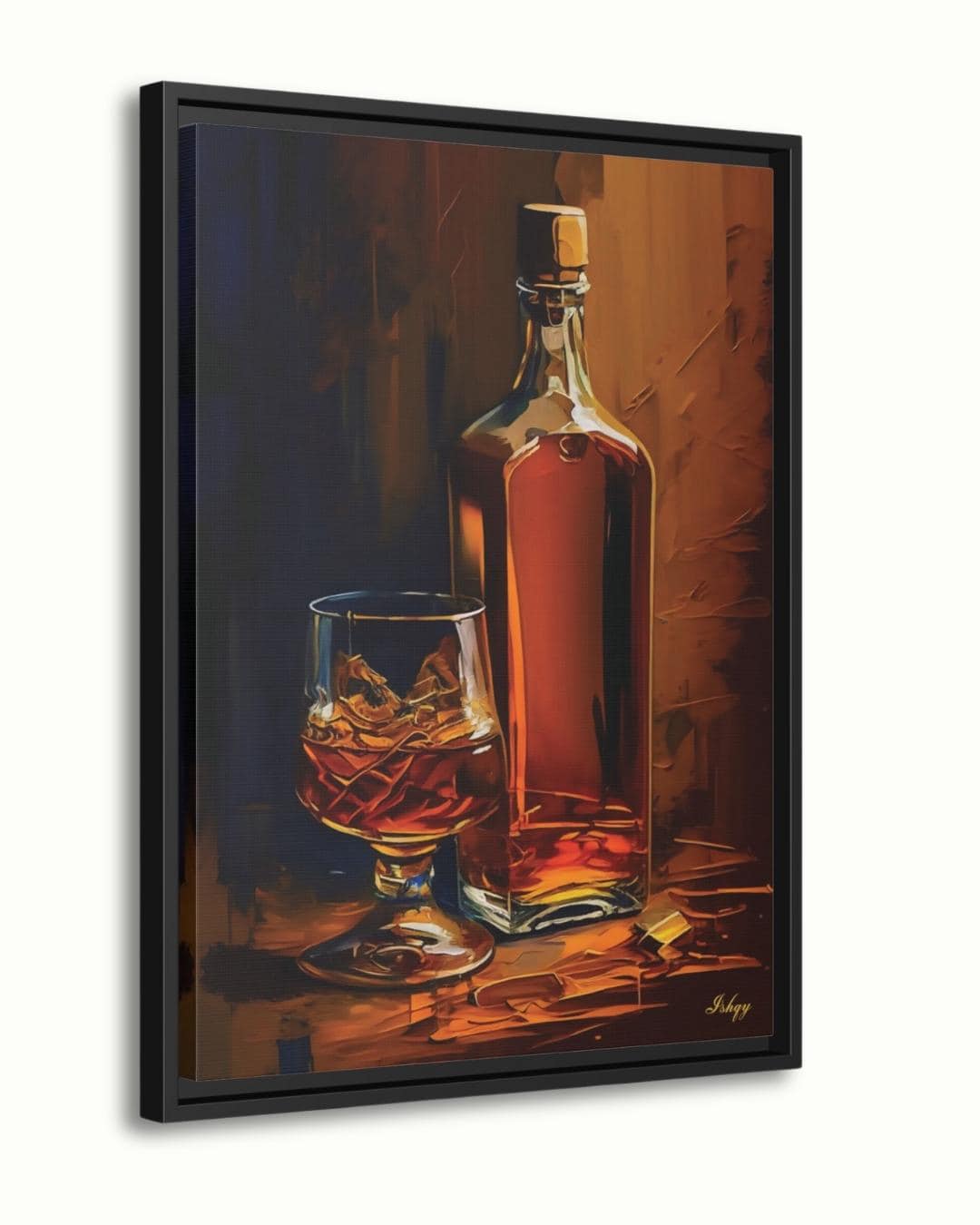 Whiskey Bottle Painting Print on Canvas & Framed Canvas Bar Wall Art, Bourbon Scotch Liquor Home Bar Decor, Whiskey on the Rocks Art Print