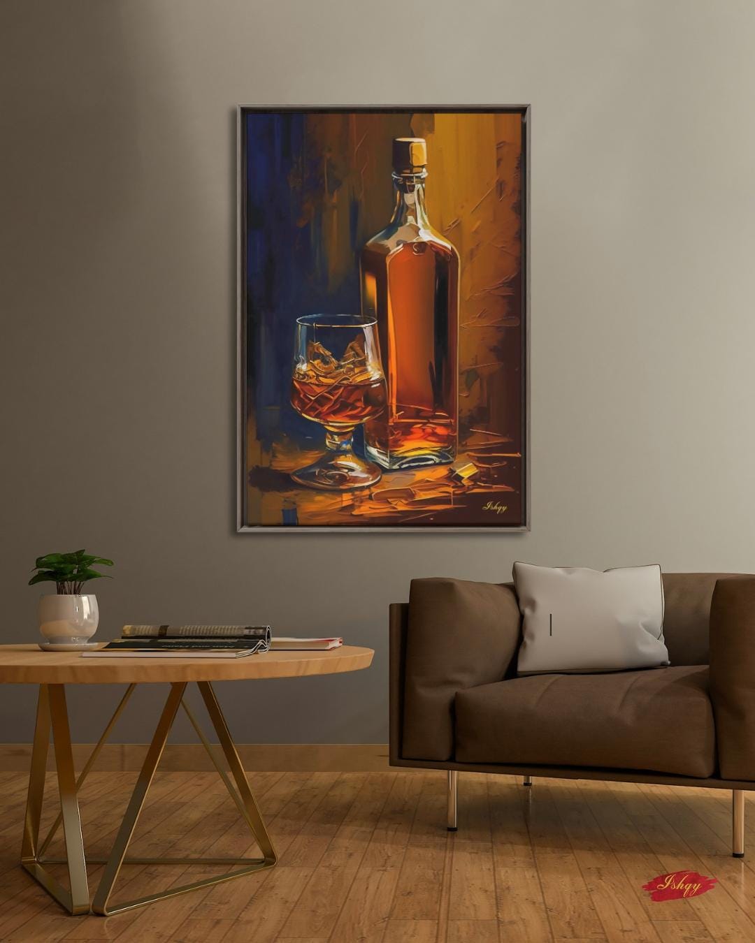 Whiskey Bottle Painting Print on Canvas & Framed Canvas Bar Wall Art, Bourbon Scotch Liquor Home Bar Decor, Whiskey on the Rocks Art Print