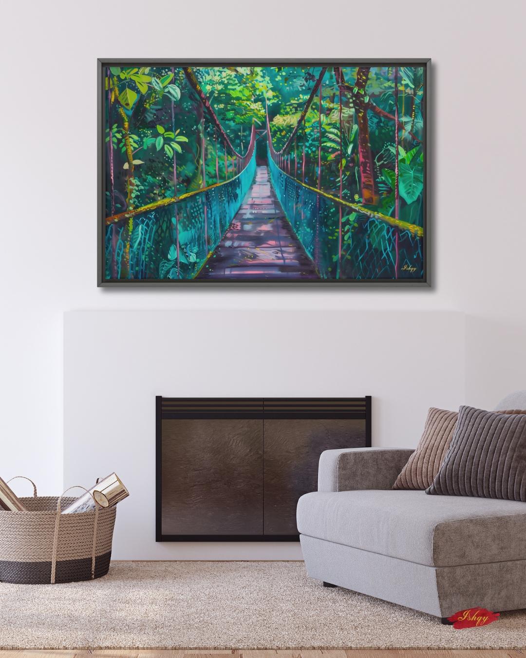 Monteverde Hanging Bridge Painting Print on Canvas & Framed Canvas Costa Rica Wall Art, Tropical Rainforest Jungle Home Decor Art Print