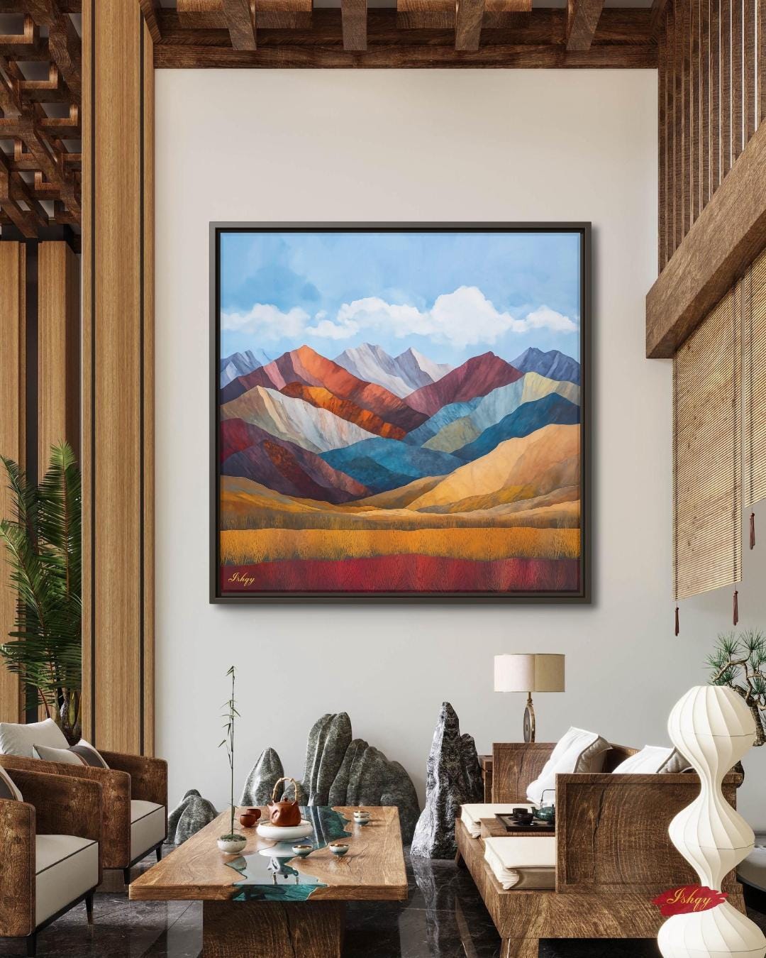 Colorful Mountain Landscape Painting, Canvas & Framed Canvas Wall Art, Abstract Mountains Nature Decor, Modern Boho Home Art Print