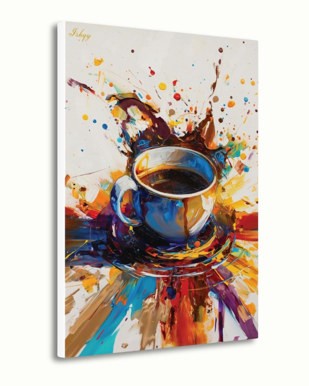 Coffee Wall Art Print, Abstract Colorful Coffee Cup Painting on Canvas, Modern Kitchen Art, Framed Home Café Decor for Coffee Lovers