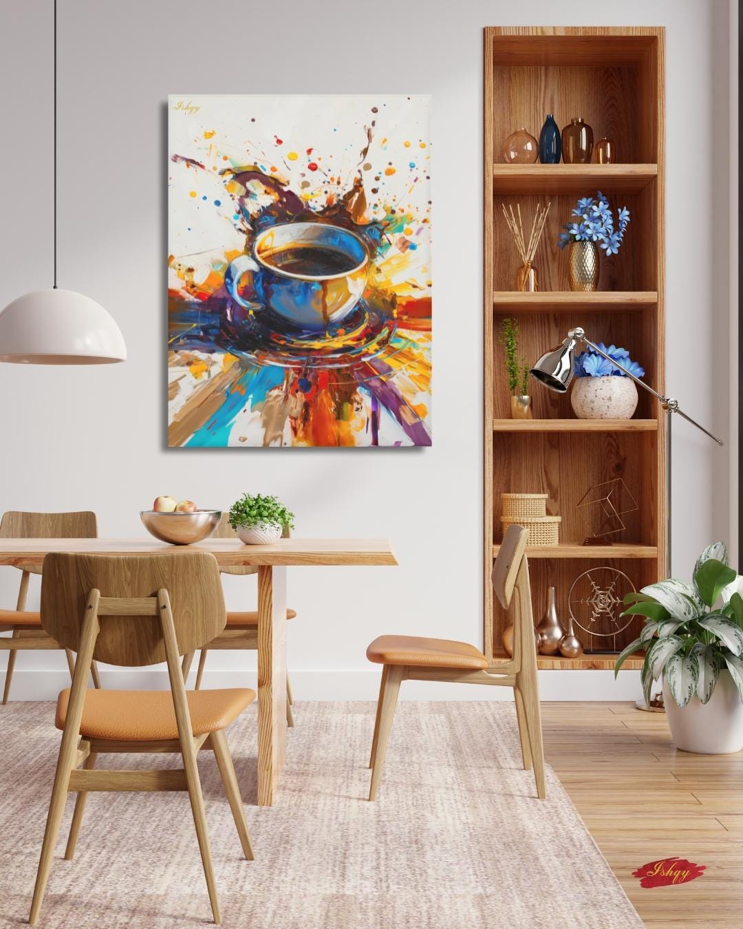 Coffee Wall Art Print, Abstract Colorful Coffee Cup Painting on Canvas, Modern Kitchen Art, Framed Home Café Decor for Coffee Lovers