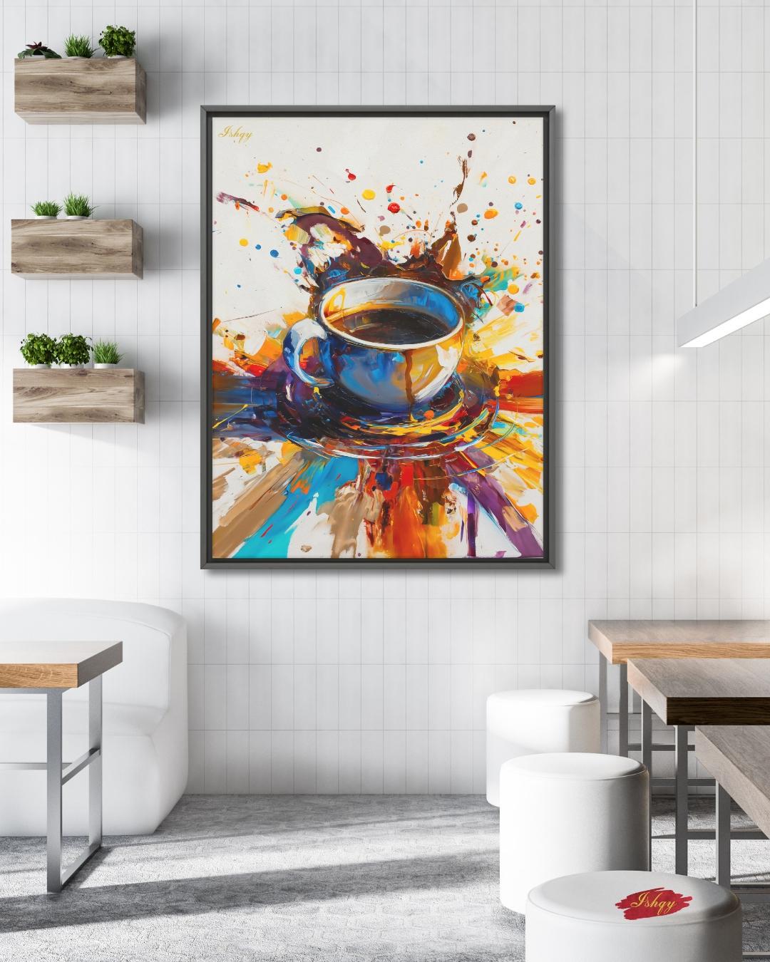 Coffee Wall Art Print, Abstract Colorful Coffee Cup Painting on Canvas, Modern Kitchen Art, Framed Home Café Decor for Coffee Lovers