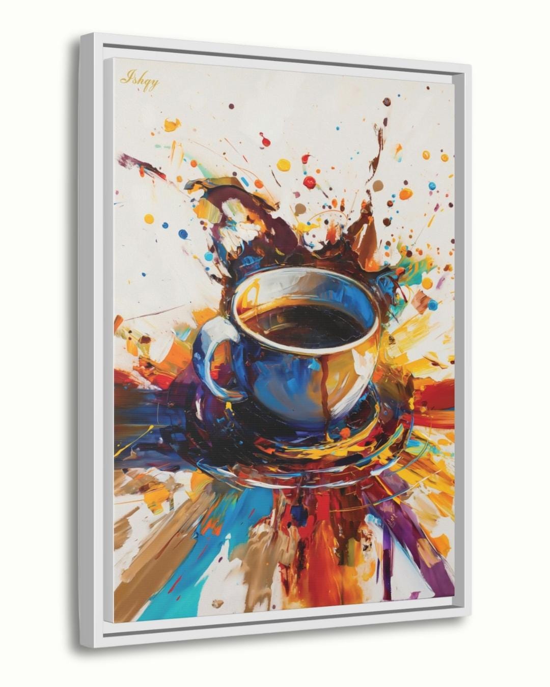 Coffee Wall Art Print, Abstract Colorful Coffee Cup Painting on Canvas, Modern Kitchen Art, Framed Home Café Decor for Coffee Lovers