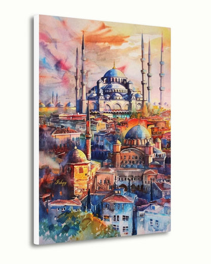 Istanbul Wall Art Print Blue Mosque Painting, Turkish Cityscape Decor, Watercolor Skyline Canvas, Middle Eastern Architecture Wall Decor