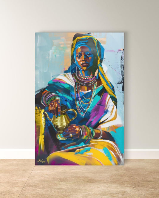 Ethiopian Woman Coffee Ceremony Painting Print, Canvas & Framed Canvas African Wall Art, Afrocentric Home Decor, Colorful Portrait Art Print