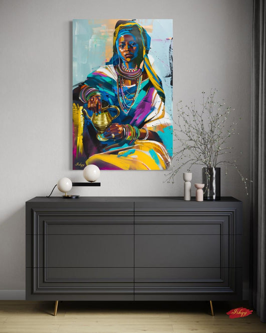 Ethiopian Woman Coffee Ceremony Painting Print, Canvas & Framed Canvas African Wall Art, Afrocentric Home Decor, Colorful Portrait Art Print