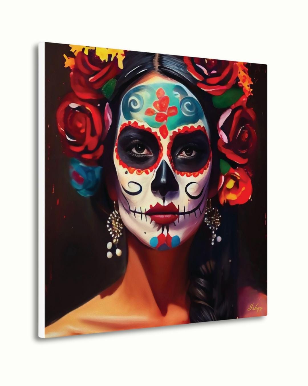 Día de los Muertos Wall Art Print, Mexican Sugar Skull Portrait Canvas, Day of the Dead Home Decor, Square Face Painting Artwork