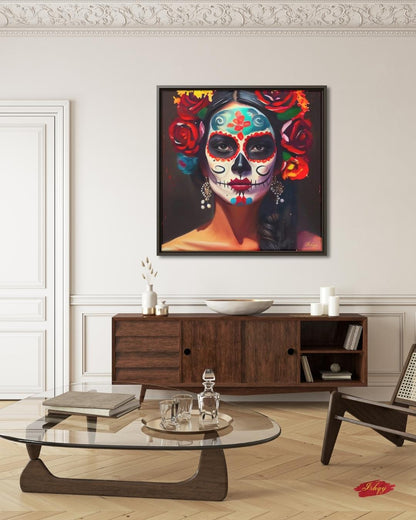 Día de los Muertos Wall Art Print, Mexican Sugar Skull Portrait Canvas, Day of the Dead Home Decor, Square Face Painting Artwork