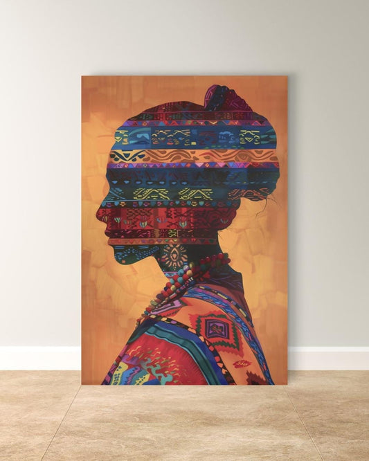 Peruvian Woman Canvas Wall Art, Tribal Textile Silhouette Print, Framed Andean Portrait Painting, Boho South American Wall Decor