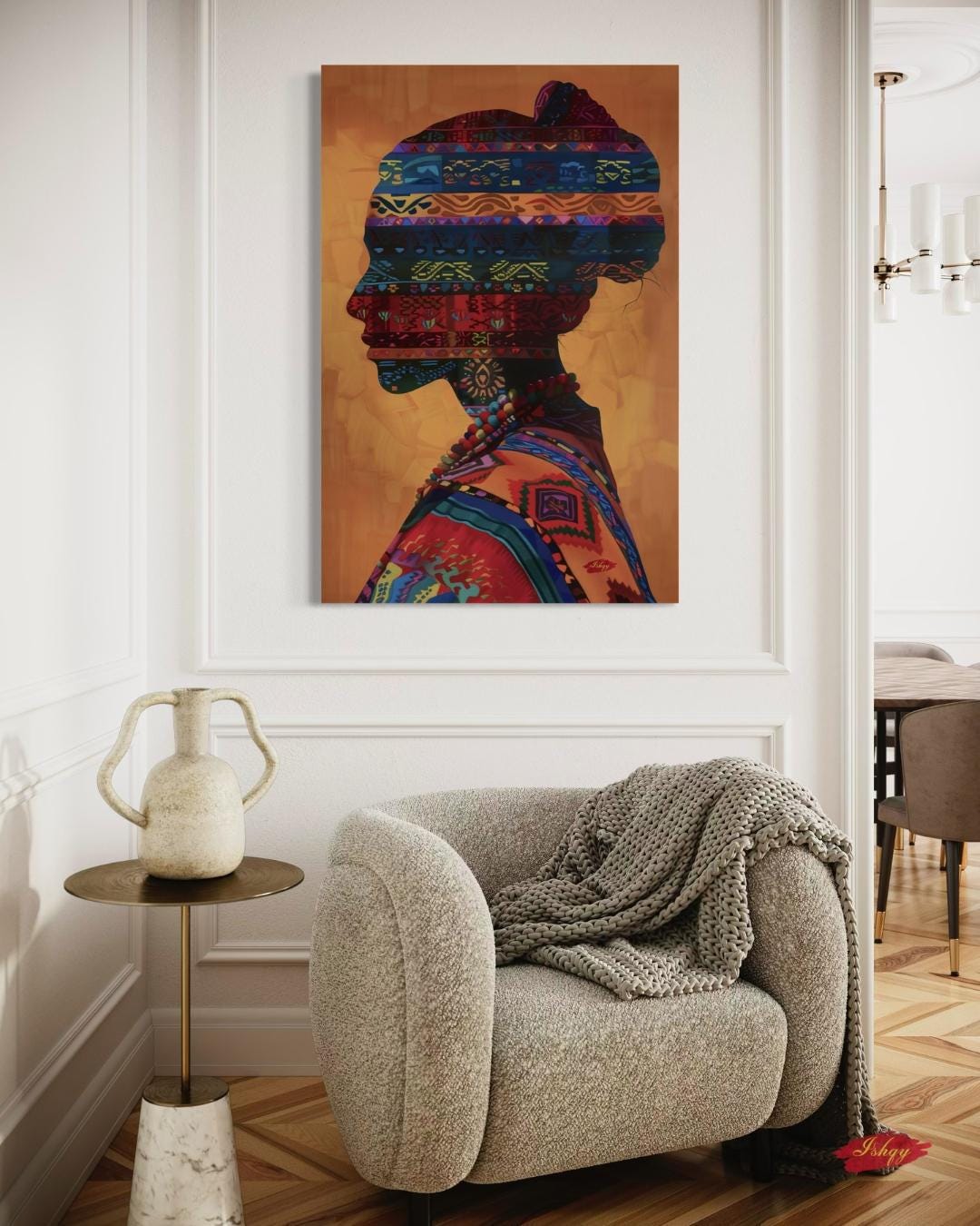 Peruvian Woman Canvas Wall Art, Tribal Textile Silhouette Print, Framed Andean Portrait Painting, Boho South American Wall Decor