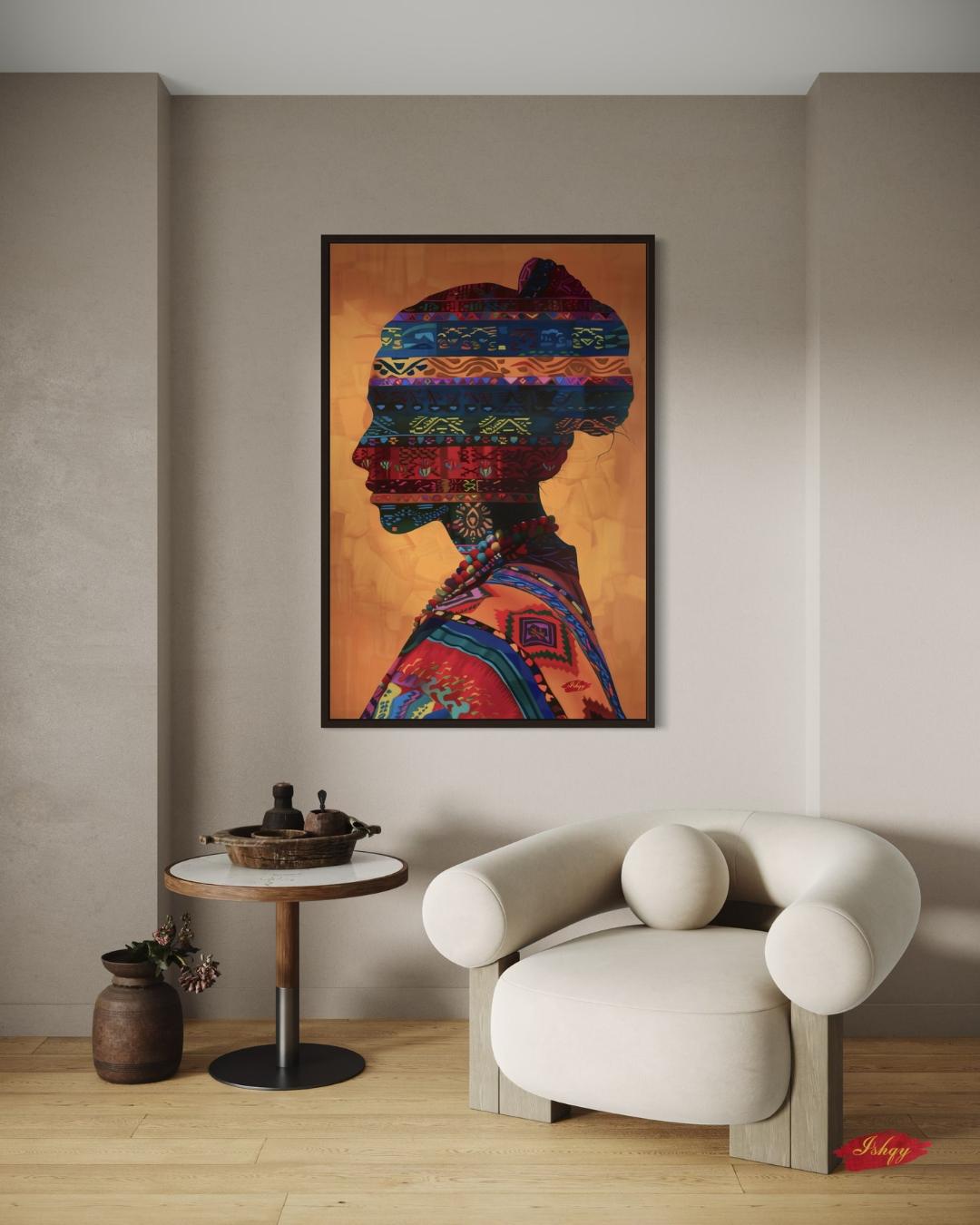 Peruvian Woman Canvas Wall Art, Tribal Textile Silhouette Print, Framed Andean Portrait Painting, Boho South American Wall Decor