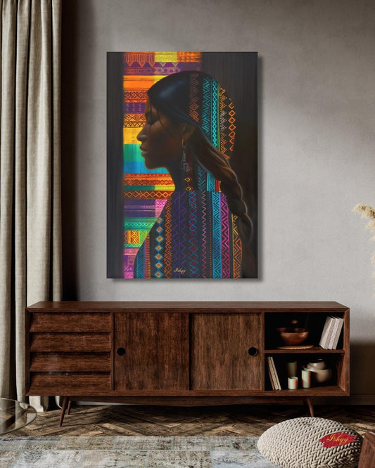 Honduran Woman Canvas Wall Art, Framed Central American Silhouette Print, Cultural Textile Art, Vibrant Latin Home Decor for Living Room