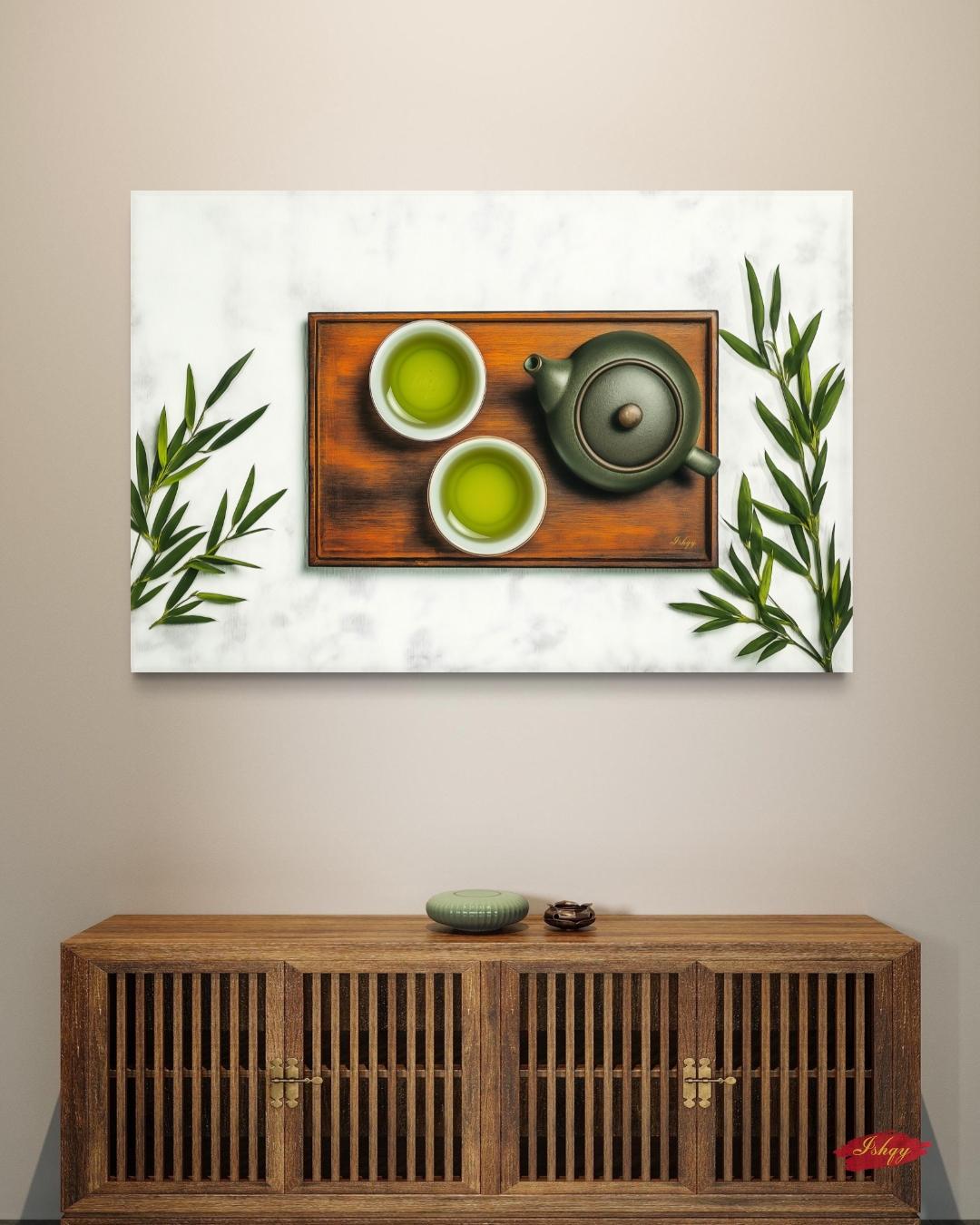 Japanese Green Tea Canvas Wall Art, Zen Kitchen Decor Print, Framed Matcha Wall Decor, Tea Ceremony Art for Dining or Gift for Her