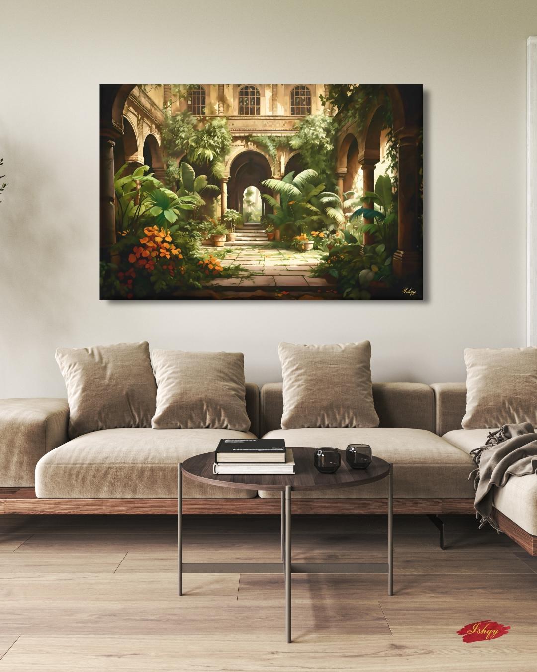Indian Courtyard Canvas Wall Art, Mughal Garden Framed Print with Arches and Plants, Jaipur Haveli Decor for Living Room or Entryway