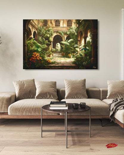 Indian Courtyard Canvas Wall Art, Mughal Garden Framed Print with Arches and Plants, Jaipur Haveli Decor for Living Room or Entryway