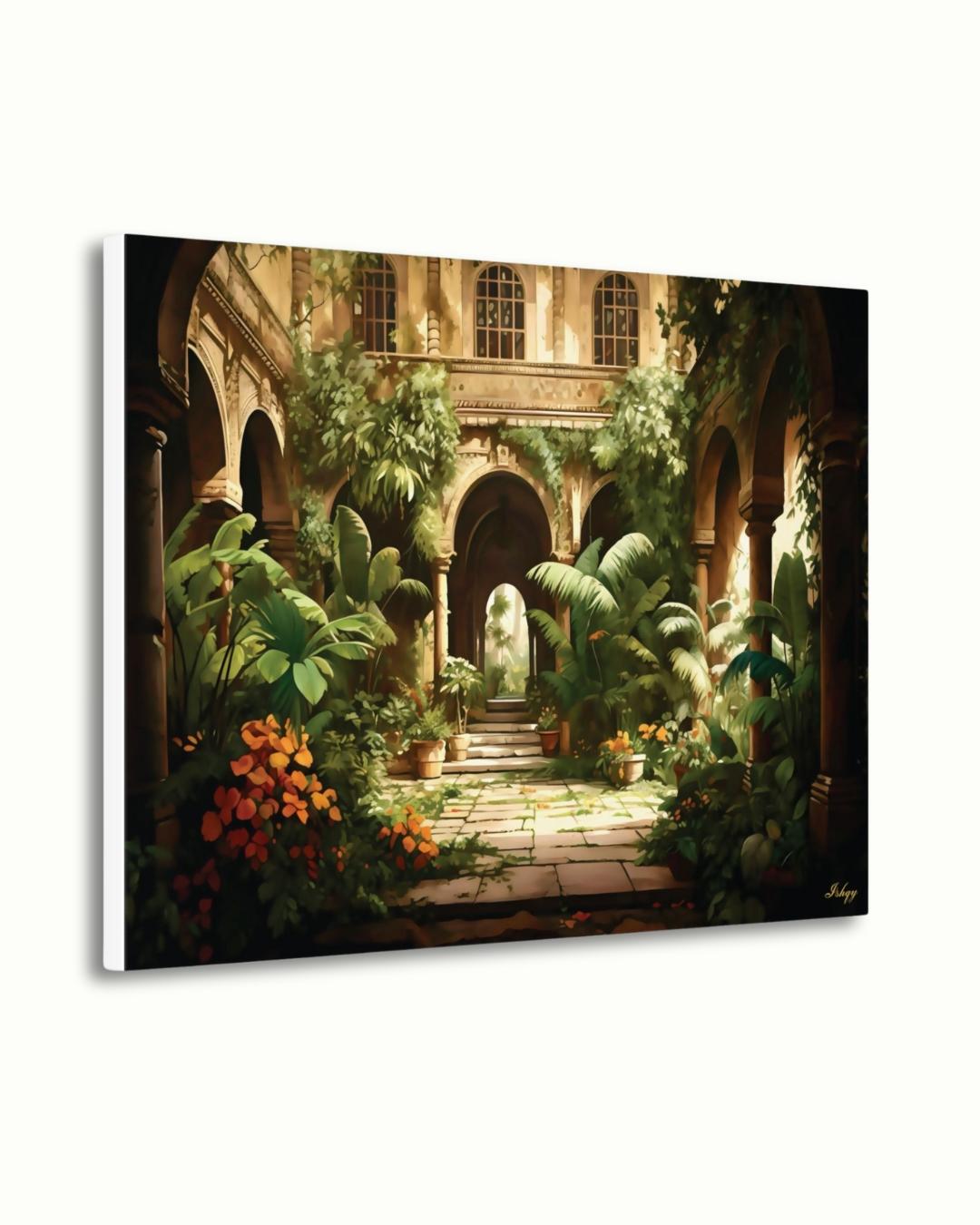 Indian Courtyard Canvas Wall Art, Mughal Garden Framed Print with Arches and Plants, Jaipur Haveli Decor for Living Room or Entryway