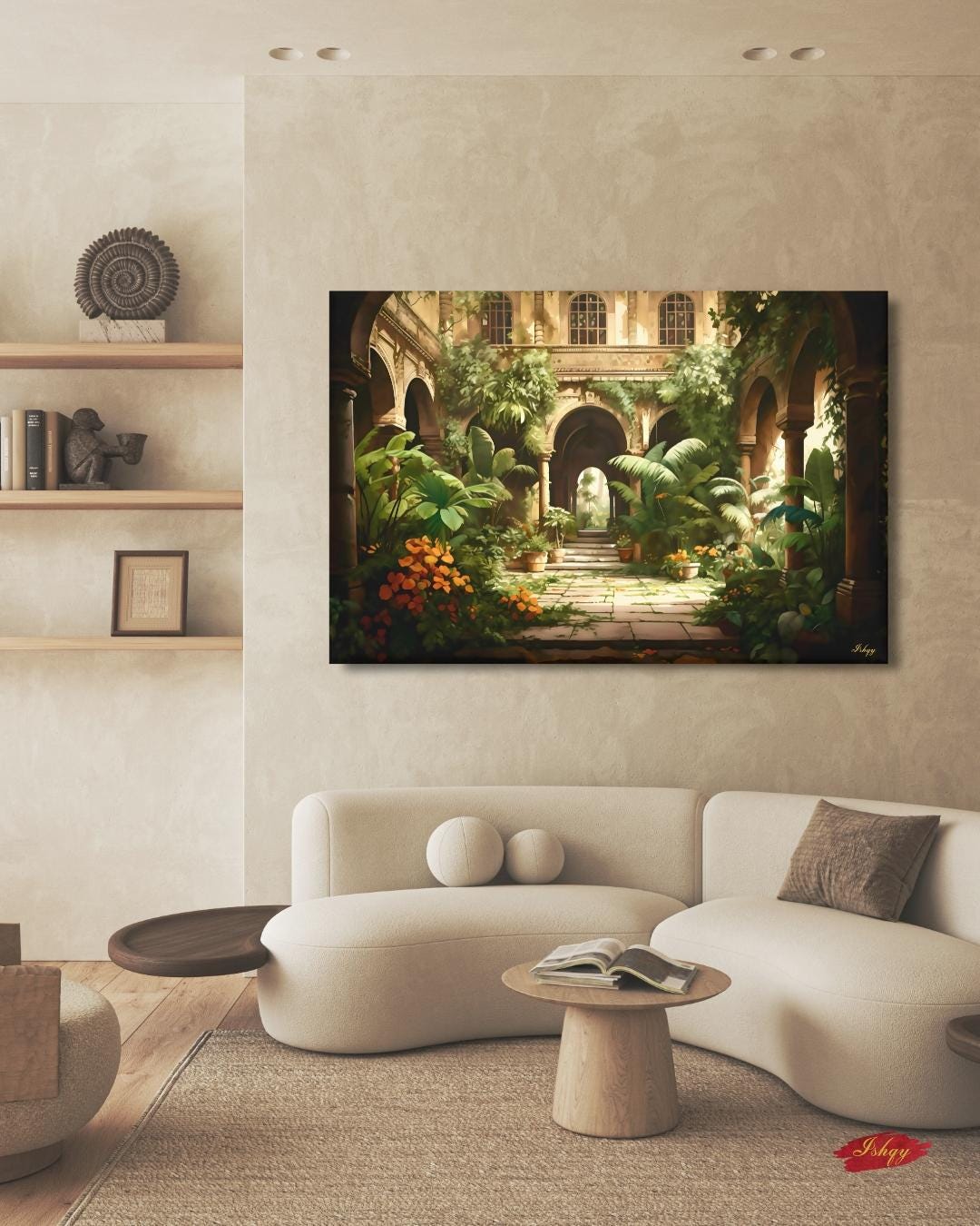 Indian Courtyard Canvas Wall Art, Mughal Garden Framed Print with Arches and Plants, Jaipur Haveli Decor for Living Room or Entryway