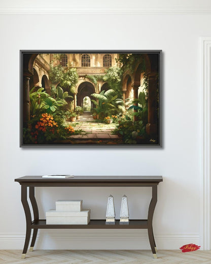 Indian Courtyard Canvas Wall Art, Mughal Garden Framed Print with Arches and Plants, Jaipur Haveli Decor for Living Room or Entryway