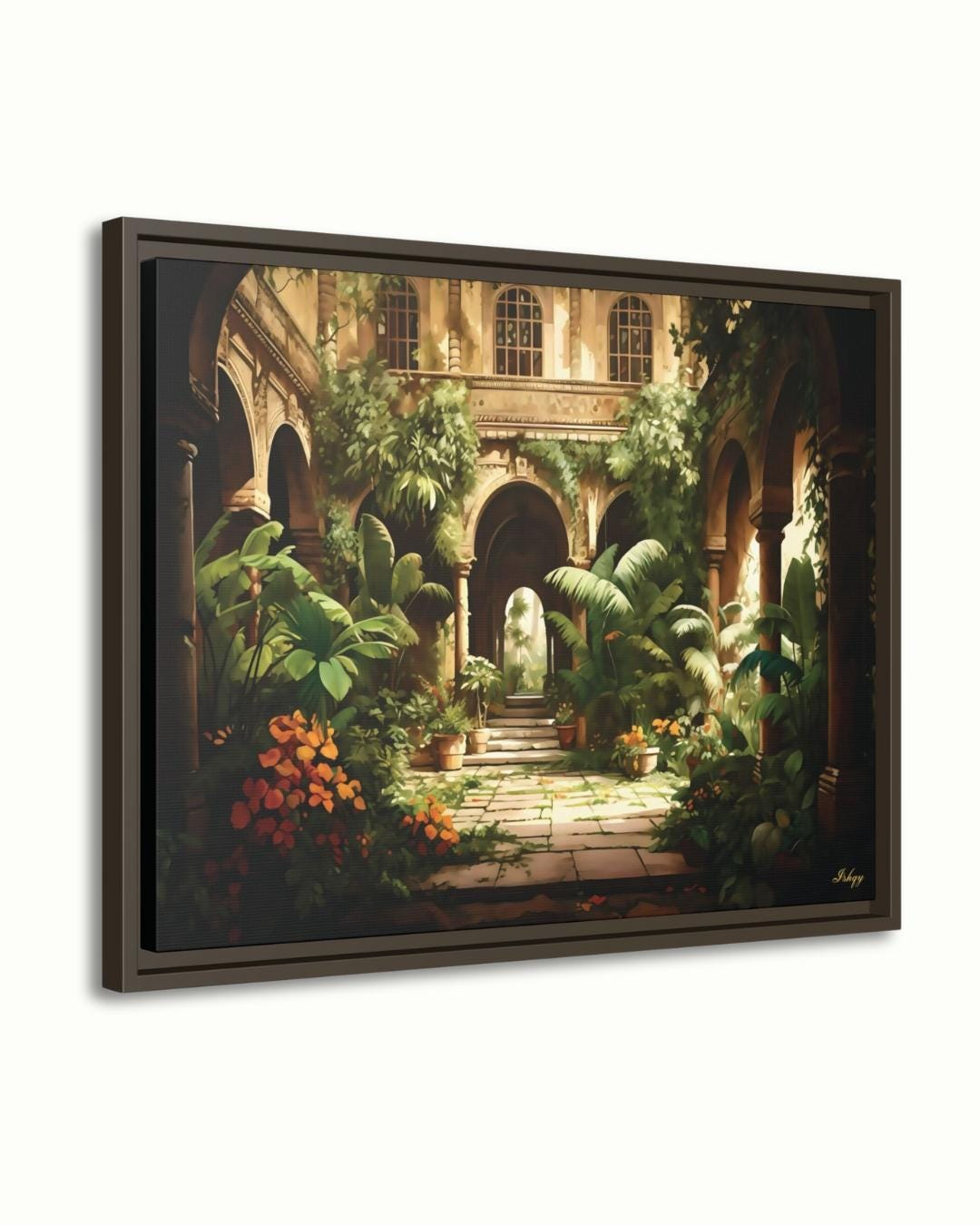 Indian Courtyard Canvas Wall Art, Mughal Garden Framed Print with Arches and Plants, Jaipur Haveli Decor for Living Room or Entryway