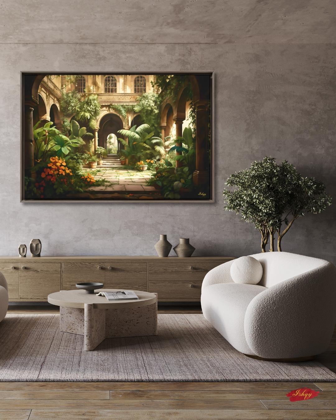 Indian Courtyard Canvas Wall Art, Mughal Garden Framed Print with Arches and Plants, Jaipur Haveli Decor for Living Room or Entryway