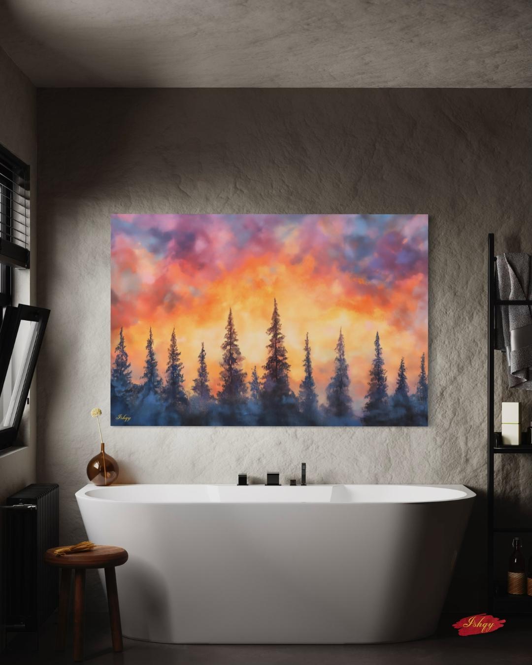 Sunset Pine Forest Painting, Canvas & Framed Canvas Evergreen Tree Wall Art, Colorful Sky Landscape Home Decor Art Print