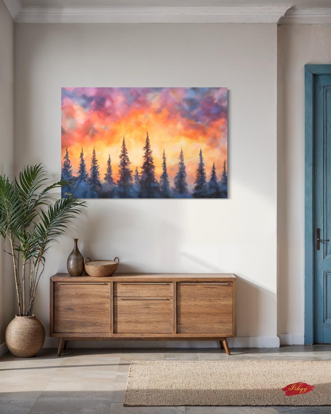 Sunset Pine Forest Painting, Canvas & Framed Canvas Evergreen Tree Wall Art, Colorful Sky Landscape Home Decor Art Print