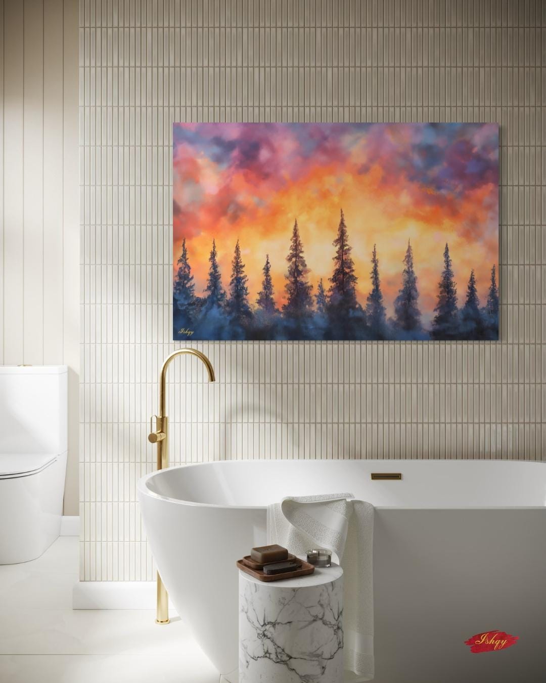 Sunset Pine Forest Painting, Canvas & Framed Canvas Evergreen Tree Wall Art, Colorful Sky Landscape Home Decor Art Print