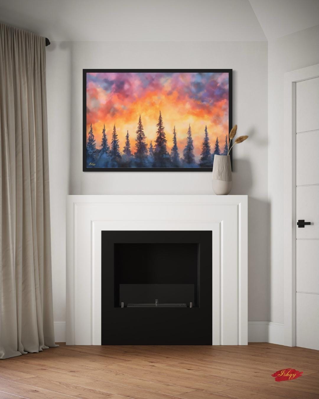 Sunset Pine Forest Painting, Canvas & Framed Canvas Evergreen Tree Wall Art, Colorful Sky Landscape Home Decor Art Print