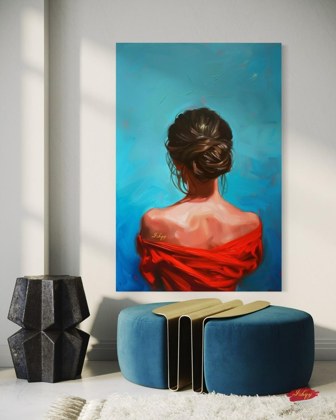 Female Portrait Painting Canvas Framed Canvas, Woman In Red Art Print, Modern Living Room Wall Art, Minimalist Figure Decor, Blue Background