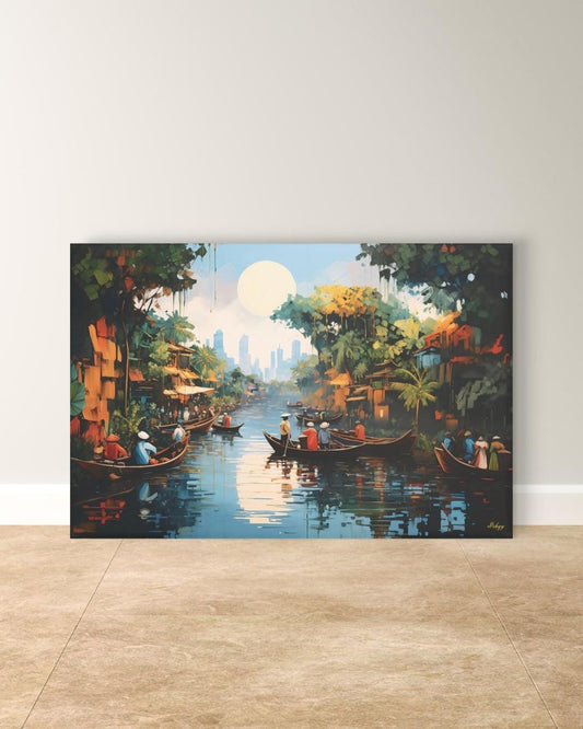 Mekong Floating Market Painting, Canvas & Framed Canvas Vietnam Wall Art, Traditional Asian River Scene Home Decor Art Print