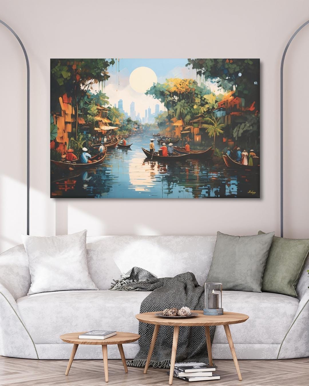 Mekong Floating Market Painting, Canvas & Framed Canvas Vietnam Wall Art, Traditional Asian River Scene Home Decor Art Print