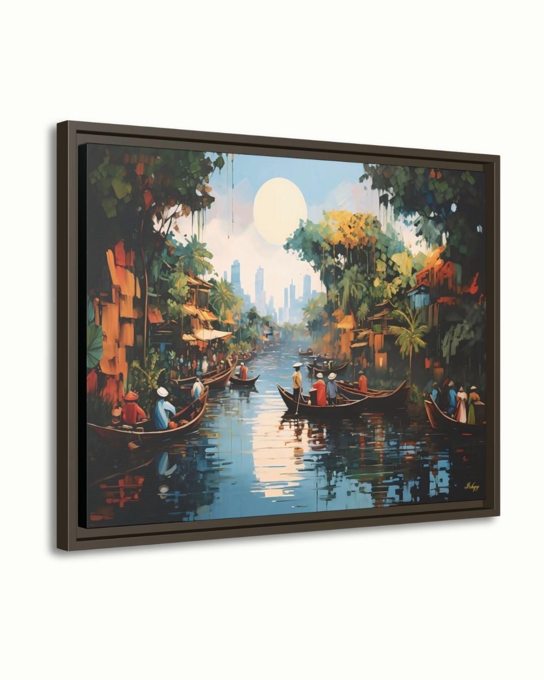 Mekong Floating Market Painting, Canvas & Framed Canvas Vietnam Wall Art, Traditional Asian River Scene Home Decor Art Print