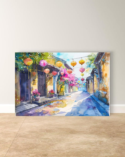 Hoi An Street Scene Painting, Canvas & Framed Canvas Vietnam Wall Art, Watercolor Vietnamese Cityscape Home Decor Art Print