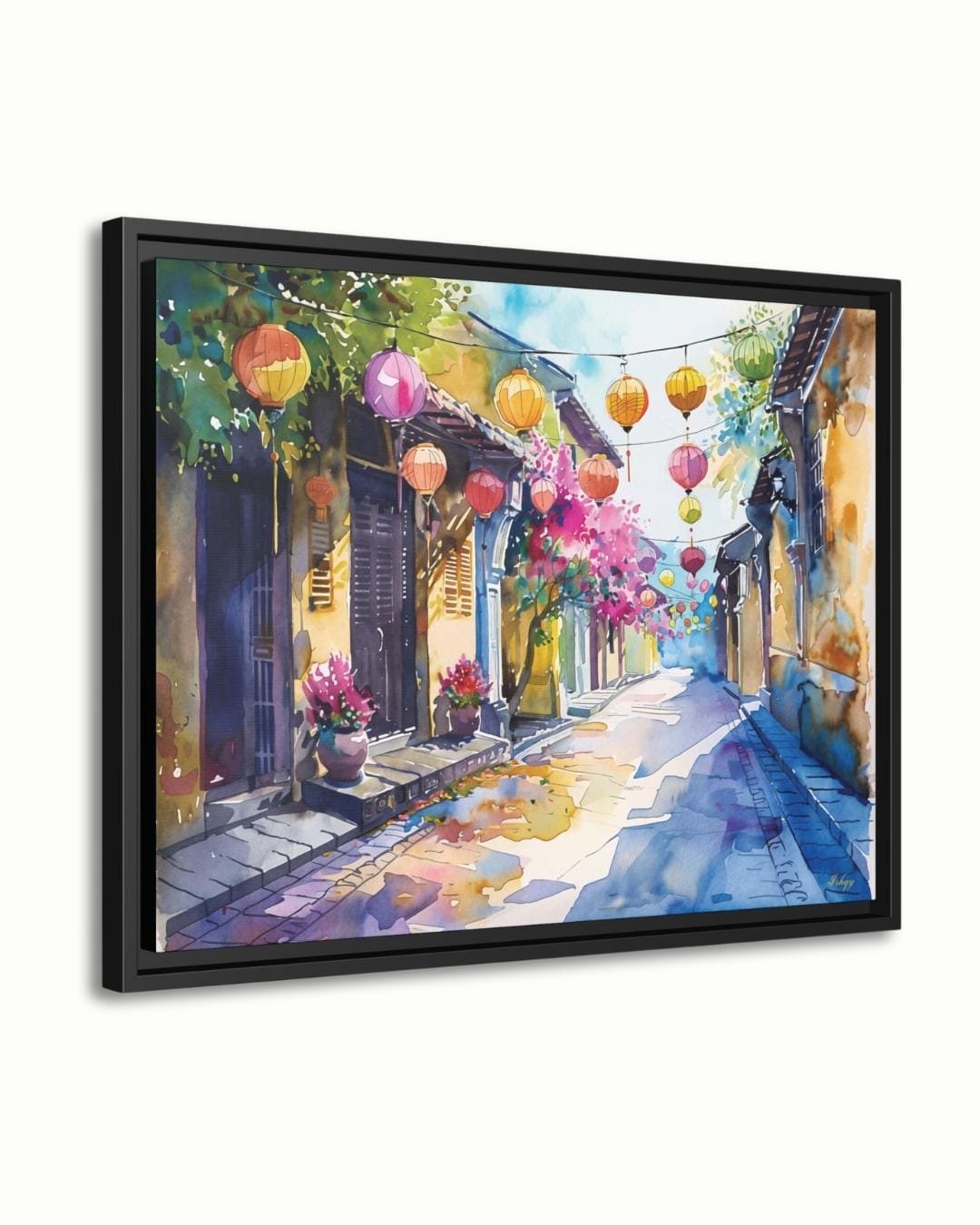 Hoi An Street Scene Painting, Canvas & Framed Canvas Vietnam Wall Art, Watercolor Vietnamese Cityscape Home Decor Art Print