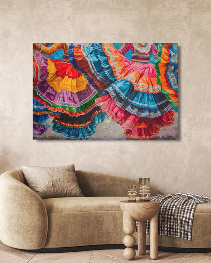 Mexican Dancers Canvas & Framed Canvas Wall Art, Colorful Folklorico Skirt Painting Print, Vibrant Mexico Dance Home Decor Art Print