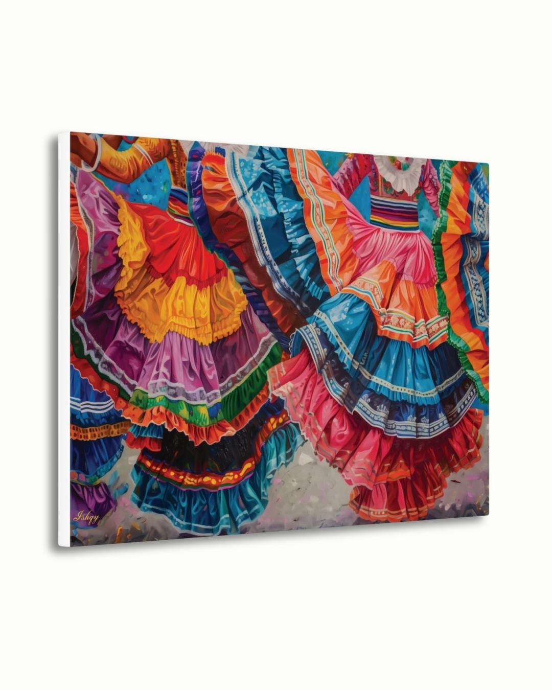Mexican Dancers Canvas & Framed Canvas Wall Art, Colorful Folklorico Skirt Painting Print, Vibrant Mexico Dance Home Decor Art Print